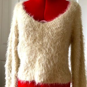 H&M Tops | Women’s V-Neck Cream White Long Sleeve Fuzzy Sweater